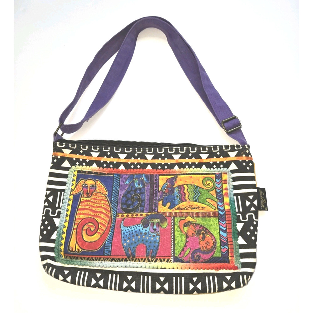 Laurel‎ Burch Dog Tails Patchwork Medium Canvas Purse Tote Crossbody Bag
